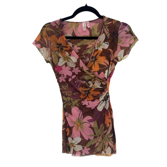 Vintage Y2K Sweet Pea By Stacy Frati Mesh Wrap Top Size M Floral Stretch Whimsy - Picture 1 of 8